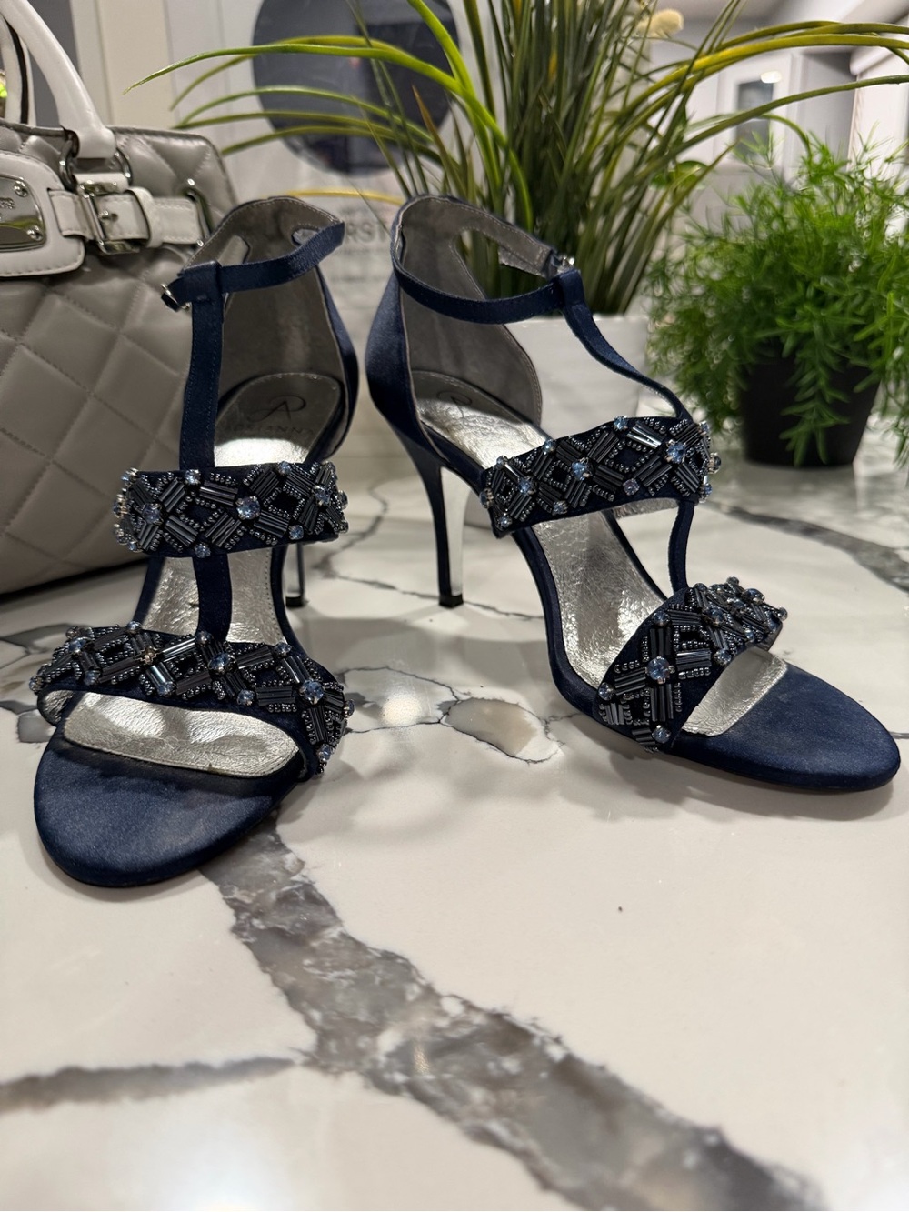 Adrianna Papell Navy Beaded T-Strap Stiletto Sandals
